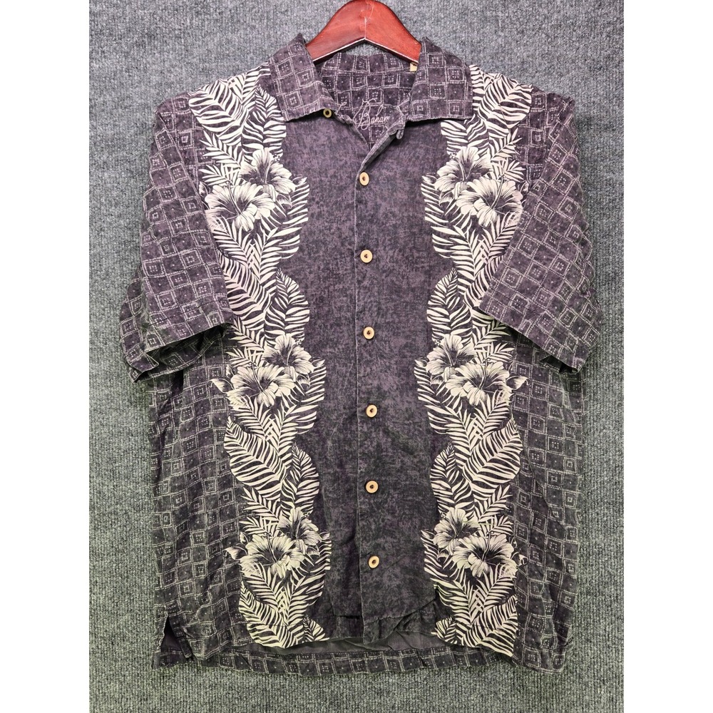 Tommy Bahama Mens M Purple Silk Hibiscus Floral Geometric Camp Shirt SS